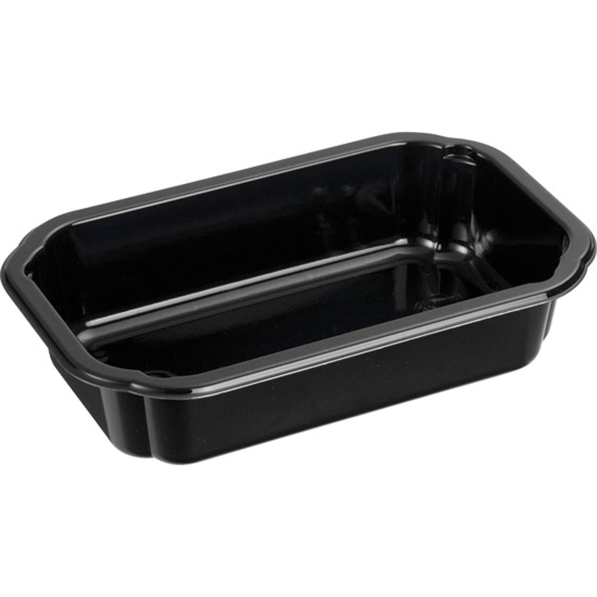 Un petit récipient alimentaire CPET Take-Away noir, rectangulaire de Duni GmbH avec des bords arrondis et une surface brillante, illustré vide sur fond blanc - idéal pour les repas à emporter. Nom du produit : CPET Take-Away petit Noir.