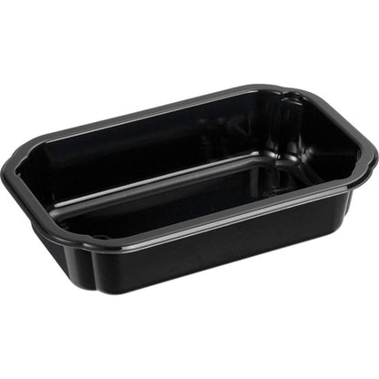 Un petit récipient alimentaire CPET Take-Away noir, rectangulaire de Duni GmbH avec des bords arrondis et une surface brillante, illustré vide sur fond blanc - idéal pour les repas à emporter. Nom du produit : CPET Take-Away petit Noir.