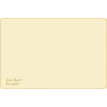 Die Dunicel-Tischsets (Vesca Norm) 33 x 48 cm Guten Appetit der Duni GmbH haben ein unbedrucktes beiges Design mit dünnem braunen Rand, abgerundeten Ecken und "Guten Appetit Bon appétit" in kleiner brauner Schrift unten links - ideal für den stilvoll gedeckten Tisch.