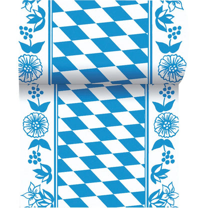 Der Dunicel-Tischläufer 20 m x 15 cm der Duni GmbH hat eine blau-weiße Raute in der Mitte und blaue Blumen an den Seiten - ideal für eine stilvolle Tischdekoration.