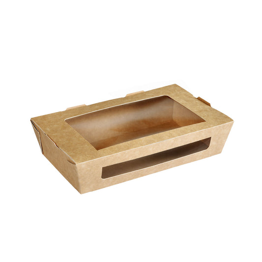 Eine rechteckige 900 ml Menübox mit PLA-Fenster aus braunem Karton von Duni GmbH (200x120x45 mm, Packung à 250 Stück) liegt vor weißem Hintergrund. Die Fenster befinden sich oben und vorne. Sie ist biologisch abbaubar.
