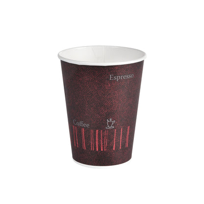 Der Duni GmbH Becher Coffee Quick Bedruckt PAP/PE (Packung 50 Stück) zeigt ein dunkles, strukturiertes Design mit "Espresso", "Kaffee" und einem Tassensymbol. Der leere Coffee-to-go-Becher steht auf einem schlichten weißen Hintergrund.