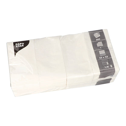 Un paquet de serviettes PAPSTAR emballé dans du plastique, 1 pli, 33x33 cm, pliage 1/8, blanc (500 pièces) de PAPSTAR GmbH, certifié FSC, idéal pour la restauration et présenté en vue oblique.
