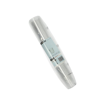 Une pile de gobelets Starpak 50, PS transparent, d'une capacité de 0,2 l chacun, est emballée dans un emballage en plastique avec une étiquette bleu clair et blanche avec des informations sur le produit et un code-barres.