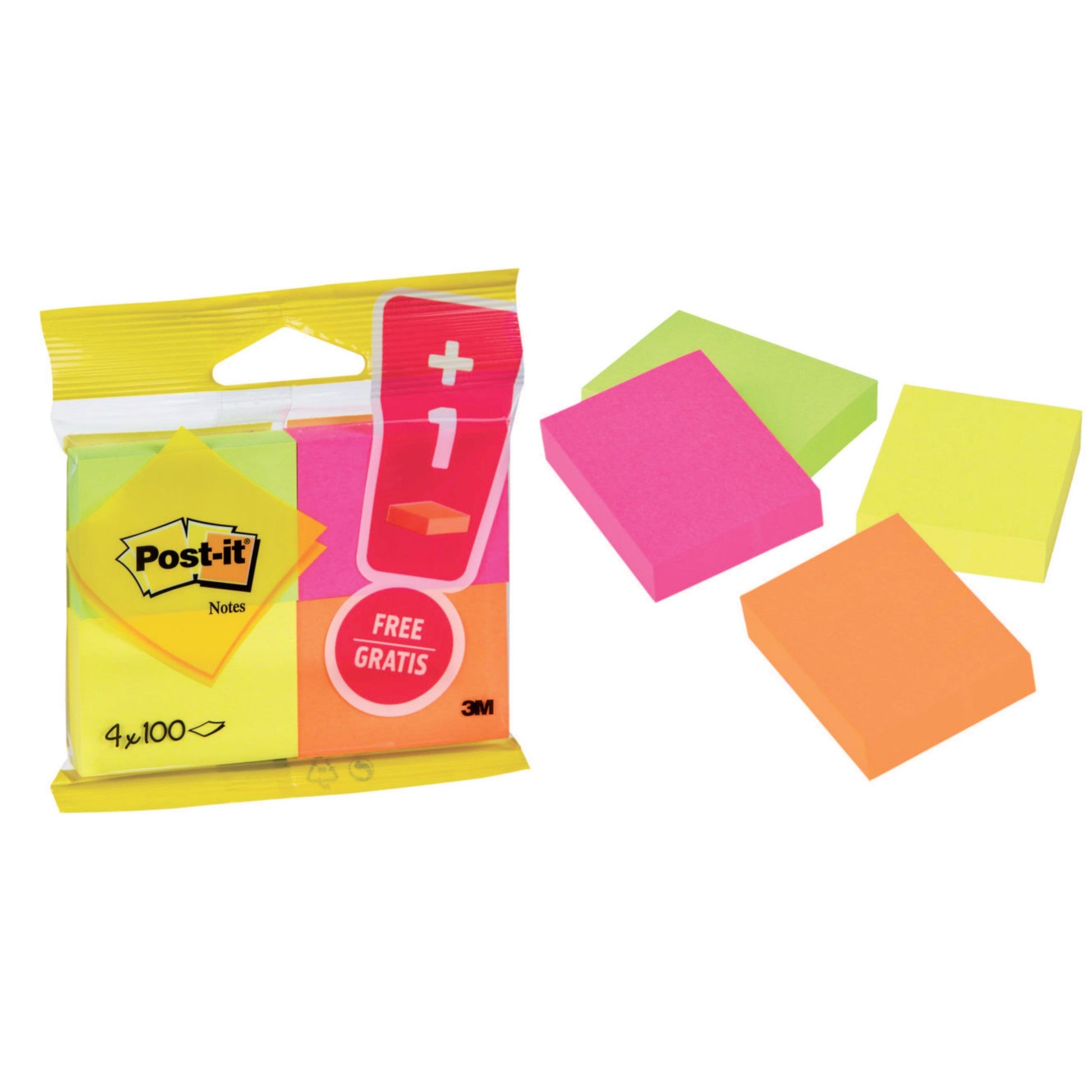 Eine Packung 3M Deutschland GmbH Post-it® Notes, PEFC-zertifiziert, in verschiedenen Neonfarben (38 x 51 mm), enthält 3 Blöcke à 100 Blatt plus 1 Gratisblock. Insgesamt: vier Blöcke pro Packung. Das Werbeset ist auf weißem Hintergrund abgebildet.