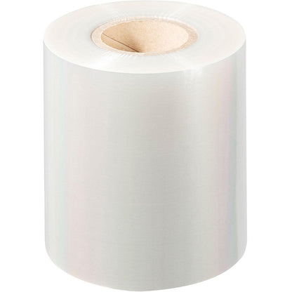 Eine große Rolle Duni GmbH PET-Siegelfolie Antifog PET steht aufrecht auf weißem Hintergrund, mit einer glänzenden, dicht gewickelten Folie auf einem Pappkern für beschlagfreie Siegelfolie.