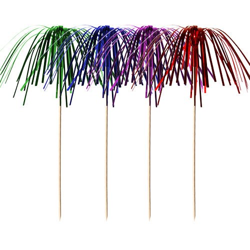 Die PAPSTAR 100 Deko-Picker von PAPSTAR GmbH sind hochwertige, robuste Holzpicker mit metallischem Lametta in Grün, Blau, Lila und Rot – ideal als Mini-Palmen für stilvolle Partydeko!.