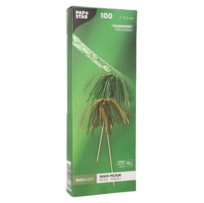 Der PAPSTAR 100 Deko-Picker der PAPSTAR GmbH beinhaltet 100 biobasierte Spieße in Feuerwerksform mit metallisch grünen und goldenen Strängen, jeweils 15,5 cm lang – ideal für stilvolle Präsentationen und Buffets.