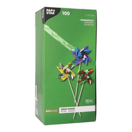 Eine grüne Box mit der Aufschrift „PAPSTAR 100 Deko-Picker“ der PAPSTAR GmbH enthält 100 hochwertige, robuste Deko-Picker in Windmühlenform (11,75 cm), ideal für stilvolle Präsentationen und mit Bio-Basis. Drei bunte Picks schmücken die Verpackung.