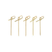 Cinq PAPSTAR 250 pics à amuse-bouches « pure » de la PAPSTAR Des GmbH, chacune ornée d'une boucle décorative à son extrémité, sont alignées sur un fond blanc.