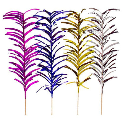 Der Deko-Picker PAPSTAR 100 der PAPSTAR GmbH präsentiert metallische Palmblätter in Pink, Blau, Gold und Silber mit dünnen Stielen und glänzender Oberfläche – ideal für die stilvolle Buffet-Präsentation. Angeordnet auf weißem Hintergrund.