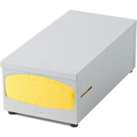 Le distributeur de serviettes en métal de Duni GmbH, pour serviettes de 33 x 33 cm, de couleur gris pierre, est un distributeur rectangulaire et moderne contenant une serviette en papier jaune partiellement visible à travers l'ouverture avant — idéal pour apporter style et fonctionnalité à n'importe quelle pièce.