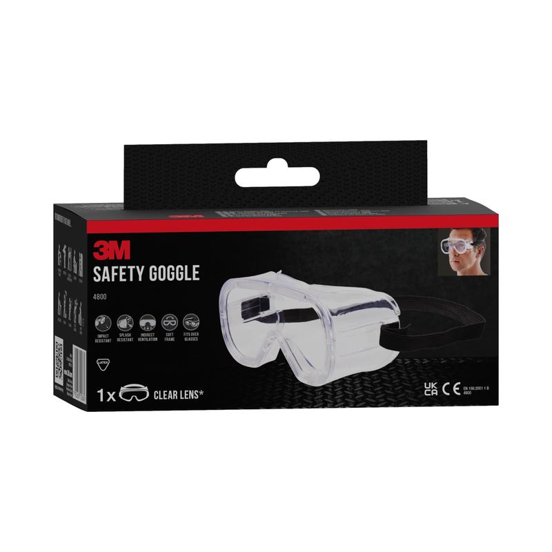 Les lunettes de protection 3M™ Classic 4800 de 3M Deutschland GmbH avec ventilation indirecte et visière transparente sont illustrées dans un emballage noir et rouge avec une image des lunettes en action ; une paire est incluse.