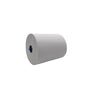 Eine große weiße CWS Paperroll weiß 2-lagig von CWS mit blauem Kunststoffkern, bekannt für hohe Saugfähigkeit, ist waagerecht auf weißem Hintergrund abgebildet.
