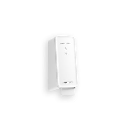 Ein weißer, rechteckiger, wandmontierter CWS PureLine Surface Cleaner | Packung (1 Stück) Spender von CWS mit Druckhebel und einfacher Frontbeschriftung bietet hygienische Oberflächen vor einem schlichten weißen Hintergrund.