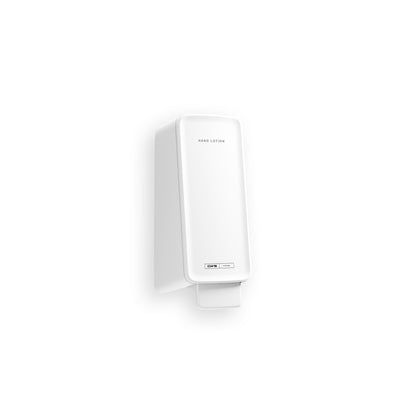 Un distributeur mural rectangulaire blanc avec l'inscription "Handlotion" et un levier de pression distribue la lotion pour les mains CWS PureLine de CWS pour une hydratation intense et une peau lisse. Illustré sur un fond blanc simple.