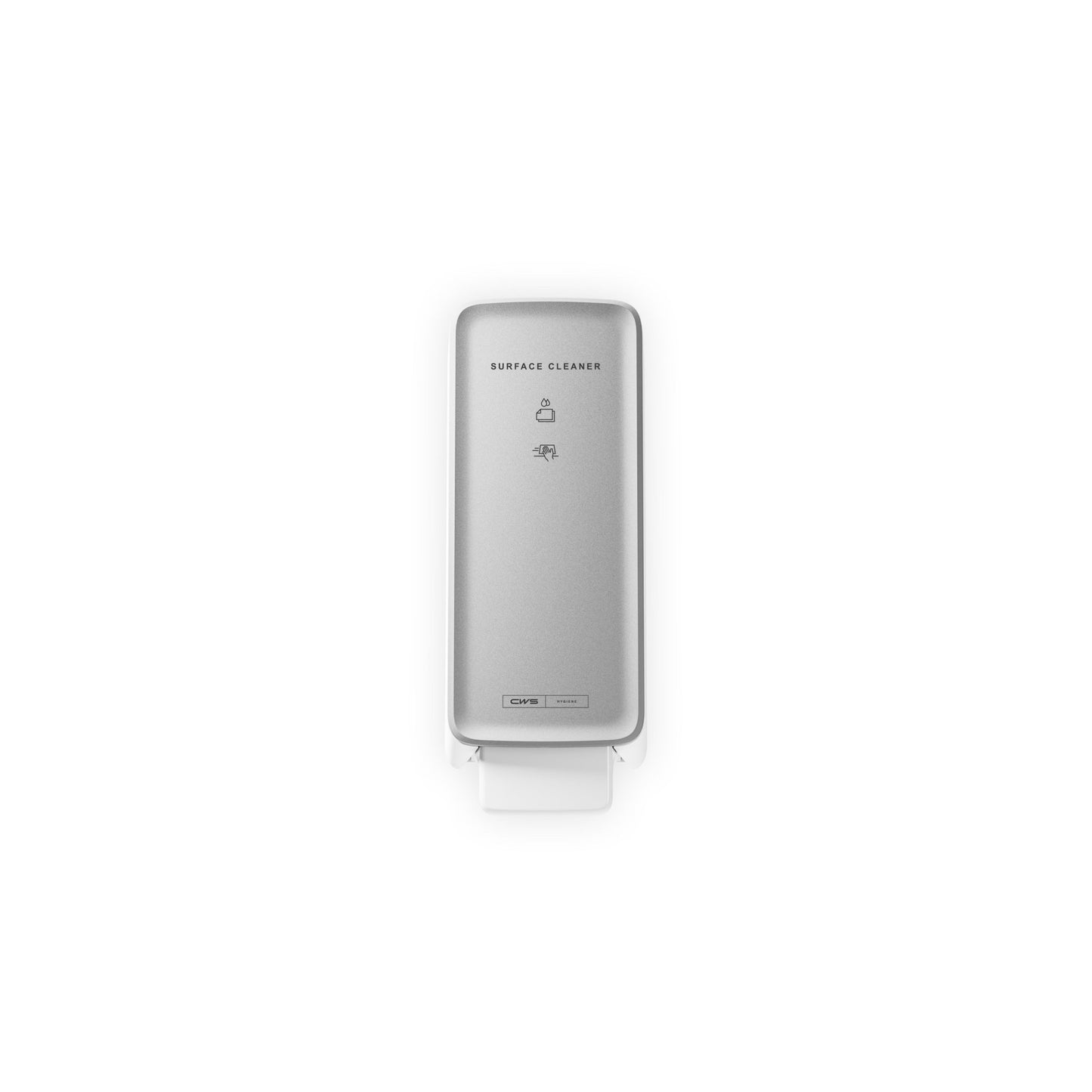 Ein CWS PureLine Frontpanel für den Surface Cleaner/NT Spender von CWS, mit klaren Icons und Text für hygienische Lösung, wird zentriert auf einem schlichten weißen Hintergrund dargestellt.