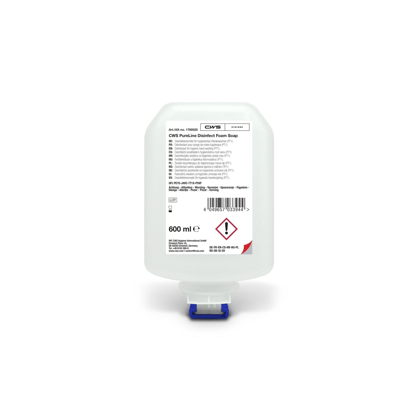 Eine 600-ml-Flasche CWS PureLine Desinfect Gel von CWS mit klarem Design, blau-weißem Spender und einem Etikett mit Produktdetails, Anwendungshinweisen, Sicherheitssymbolen und Warnungen vor Keimen und Bakterien.