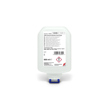 Eine 600-ml-Flasche CWS PureLine Desinfect Gel von CWS mit klarem Design, blau-weißem Spender und einem Etikett mit Produktdetails, Anwendungshinweisen, Sicherheitssymbolen und Warnungen vor Keimen und Bakterien.