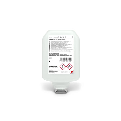 Das CWS PureLine Desinfect Gel 600 ml ist ein durchsichtiger Behälter mit weißer Spenderkappe und einem Etikett mit Produktinformation, Barcode und Gefahrensymbolen. Dieses Händedesinfektionsgel der Marke CWS ist wirksam gegen Keime und Bakterien.