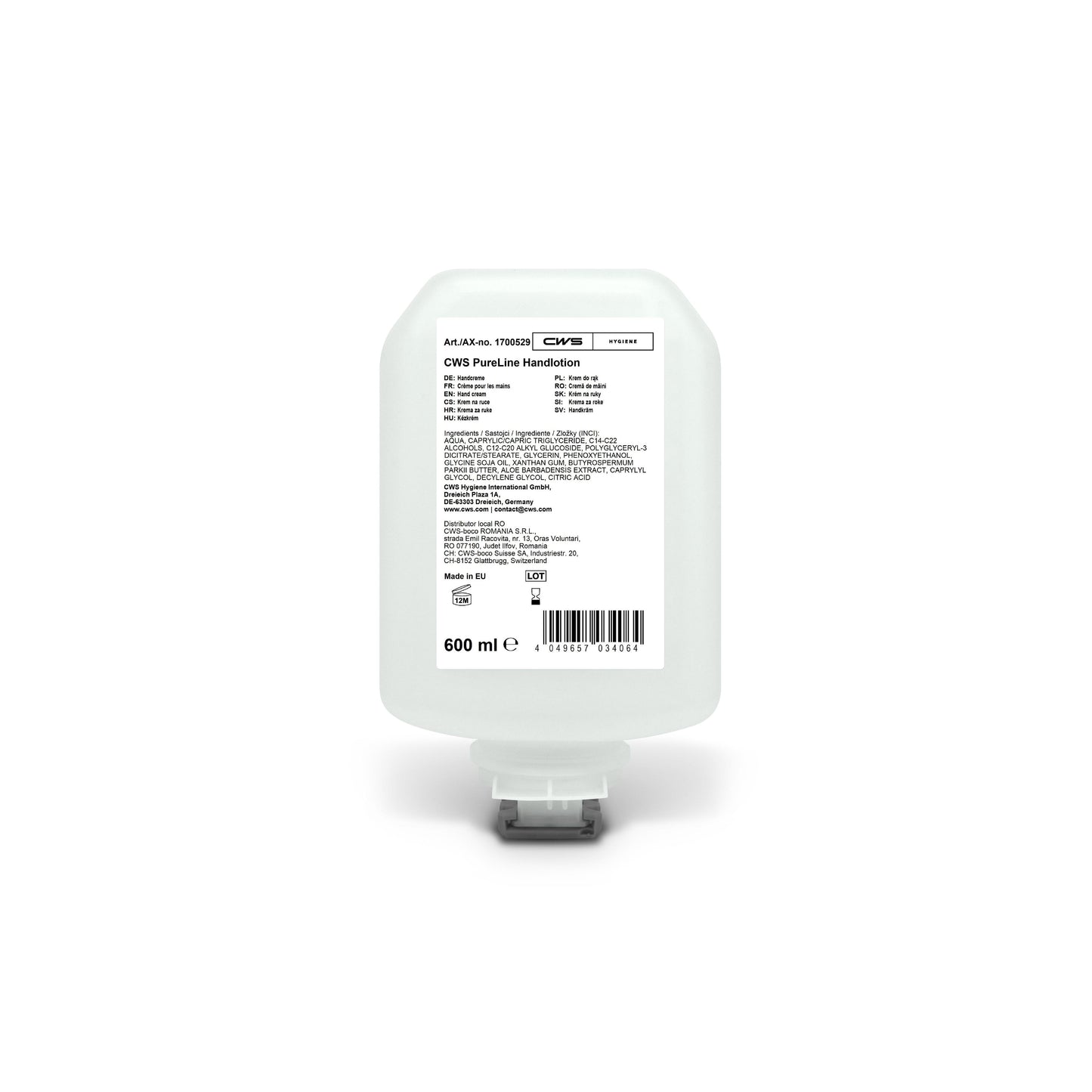 La bouteille de lotion pour les mains CWS PureLine 600 ml de CWS a une étiquette blanche avec des détails du produit, des ingrédients, des instructions d'utilisation et des informations sur le fabricant en lettres noires. La bouteille a un bec verseur au fond. Contient du panthénol et de la vitamine E pour un soin hydratant.