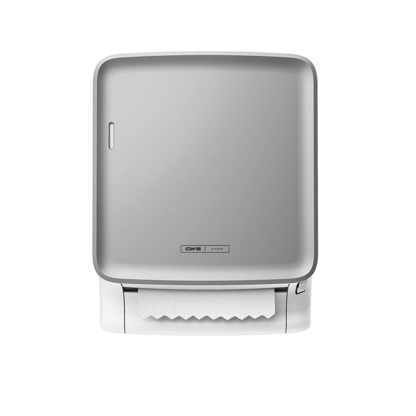 Le panneau avant CWS PureLine pour PureLine Paperroll de CWS offre un design rectangulaire et épuré pour les distributeurs muraux, permettant un accès facile et un rouleau de papier visible en bas.