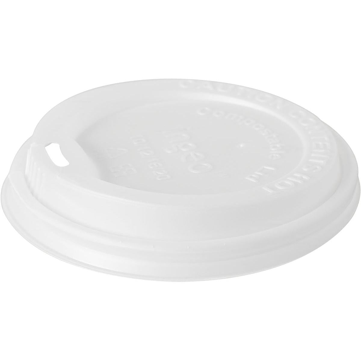 Abgebildet ist ein weißer CPLA-Deckel für 191952 von Duni GmbH (Packung 50 Stück) vor einem unifarbenen Hintergrund, mit einem kleinen Trinkschlitz und geprägten Sicherheits-/Verrottungshinweisen.