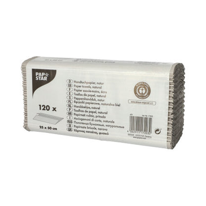 Un paquet rectangulaire de PAPSTAR papier essuie-mains pliage C, 50x25 cm, naturel, 1-couche, contient 120 feuilles en papier recyclé à 100%. L'emballage présente des informations sur le produit et les dimensions en plusieurs langues. Marque : PAPSTAR GmbH.