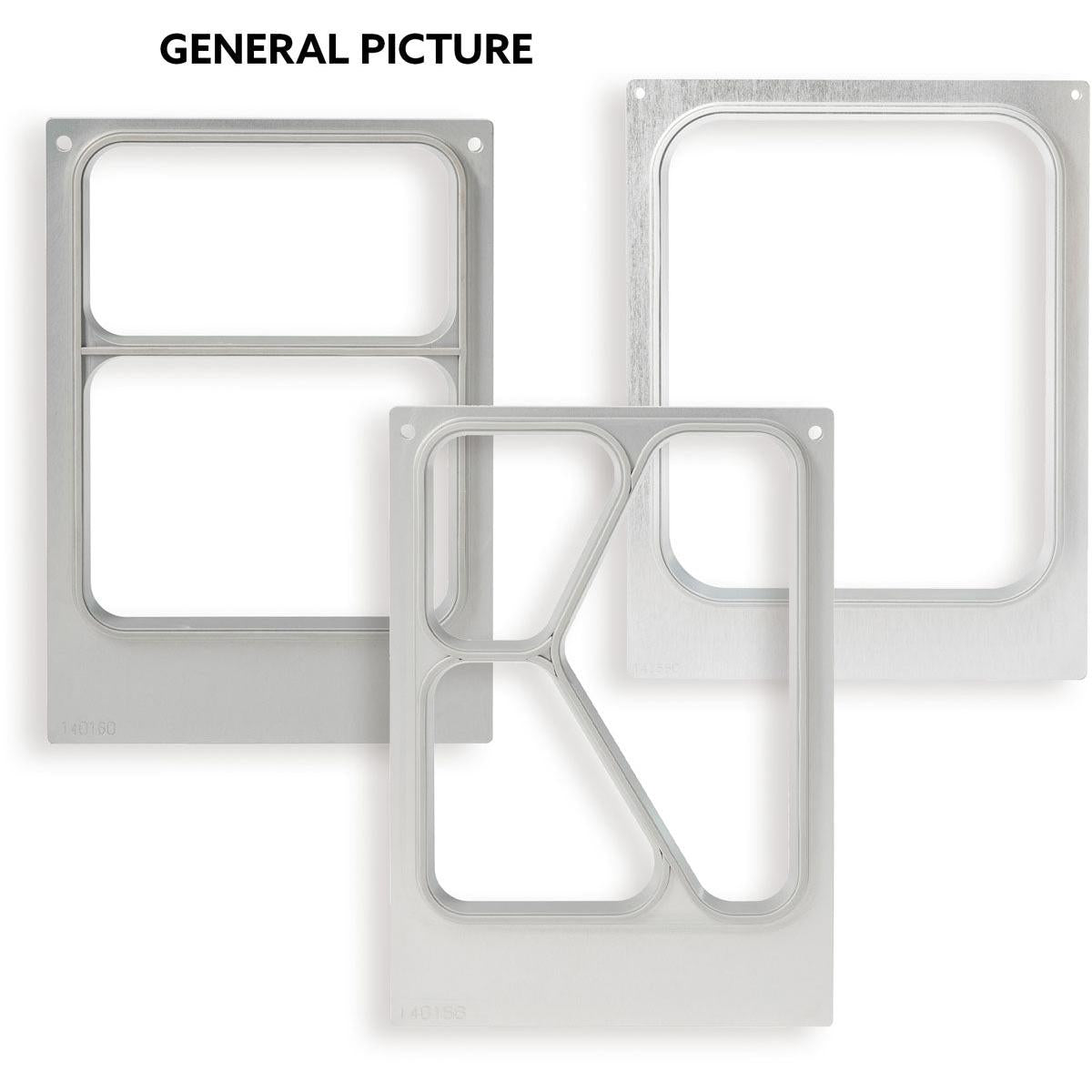 Drei Kassette DF15/25 3-comp PP-Schale Take Away Schalen von Duni GmbH, jede mit einzigartigen geometrischen Ausschnitten, werden auf einem weißen Hintergrund präsentiert und erinnern an Designs, die von 3 Fächer Layouts inspiriert sind.