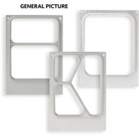 Drei rechteckige Metallrahmen mit Aussparungen und einzigartigem Innendesign, inspiriert von der Vielseitigkeit der Kassette DF15/25 2-comp f. PP-Schale Take Away 500/400 ml (2-nutzig) der Duni GmbH, sind nebeneinander auf weißem Hintergrund angeordnet. Text: "ALLGEMEINES BILD.