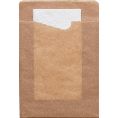 Der Duni GmbH Snack Sacchetto mit weißer 2-lagiger Serviette aus braunem Papier bietet durch die transparente Front einen Blick auf die Serviette - praktisch und umweltfreundlich.