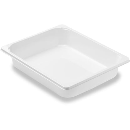 Un plateau CPET blanc de Duni GmbH 1/2 GN (325x265 mm) en CPET alimentaire, avec des côtés légèrement inclinés et des coins arrondis, est représenté vide sur un fond blanc avec une surface lisse.