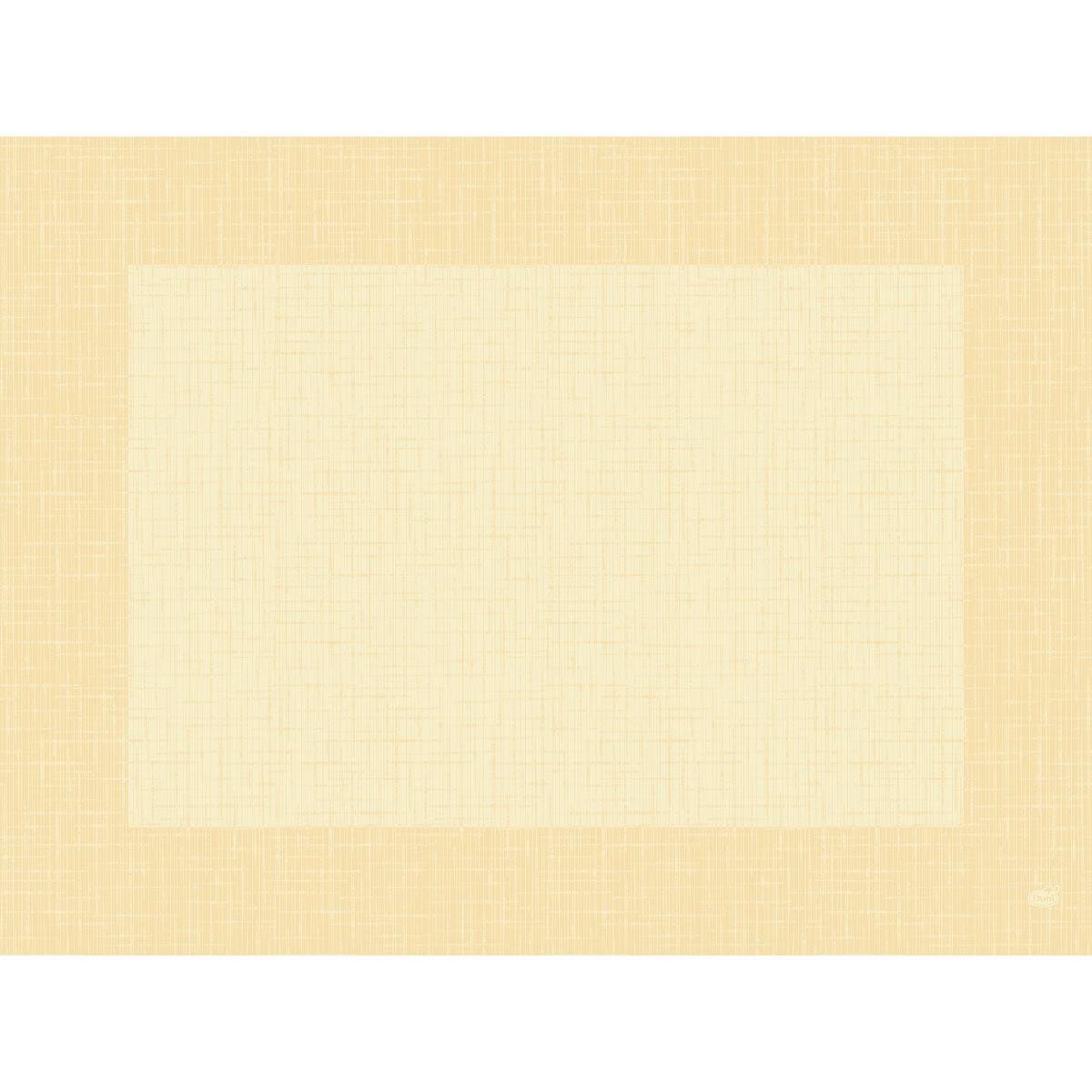 Une image numérique avec un grand carré crème sur un fond beige clair hachuré, reflétant le style raffiné des sets de table Dunicel 30 x 40 cm Linnea crème de Duni GmbH. Dans le coin inférieur droit apparaît un logo rond discret.