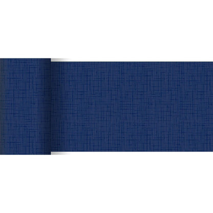 Der Dunicel-Tischläufer 20 m x 15 cm von Duni GmbH zeigt ein strukturiertes, gitterartiges dunkelblaues Muster - perfekt für die stilvolle Tischdekoration oder den kreativen Einsatz, hier teilweise ausgerollt vor weißem Hintergrund.