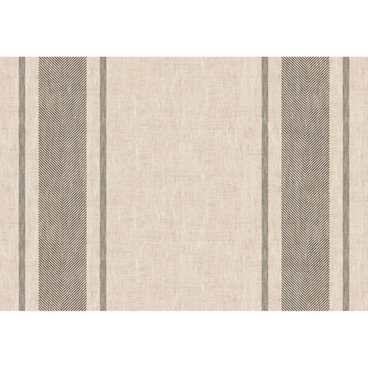 Auf einem beigefarbenen, strukturierten Hintergrund befinden sich drei vertikale Streifen mit schwarzem und grauem Fischgrätenmuster, inspiriert von der Handtuchserviette Malia 38x54 cm, Schwarz (50er Pack) der Duni GmbH. Das Design bleibt einfach und symmetrisch.