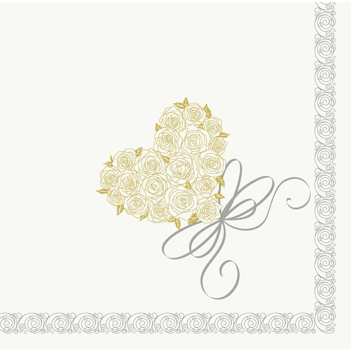 Un cœur de roses dorées avec un ruban gris, au centre sur fond blanc avec des bordures grises décorées - idéal pour les serviettes Dunisoft 40 x 40 cm 1/4 pli de Duni GmbH, si vous souhaitez des serviettes de haute qualité.