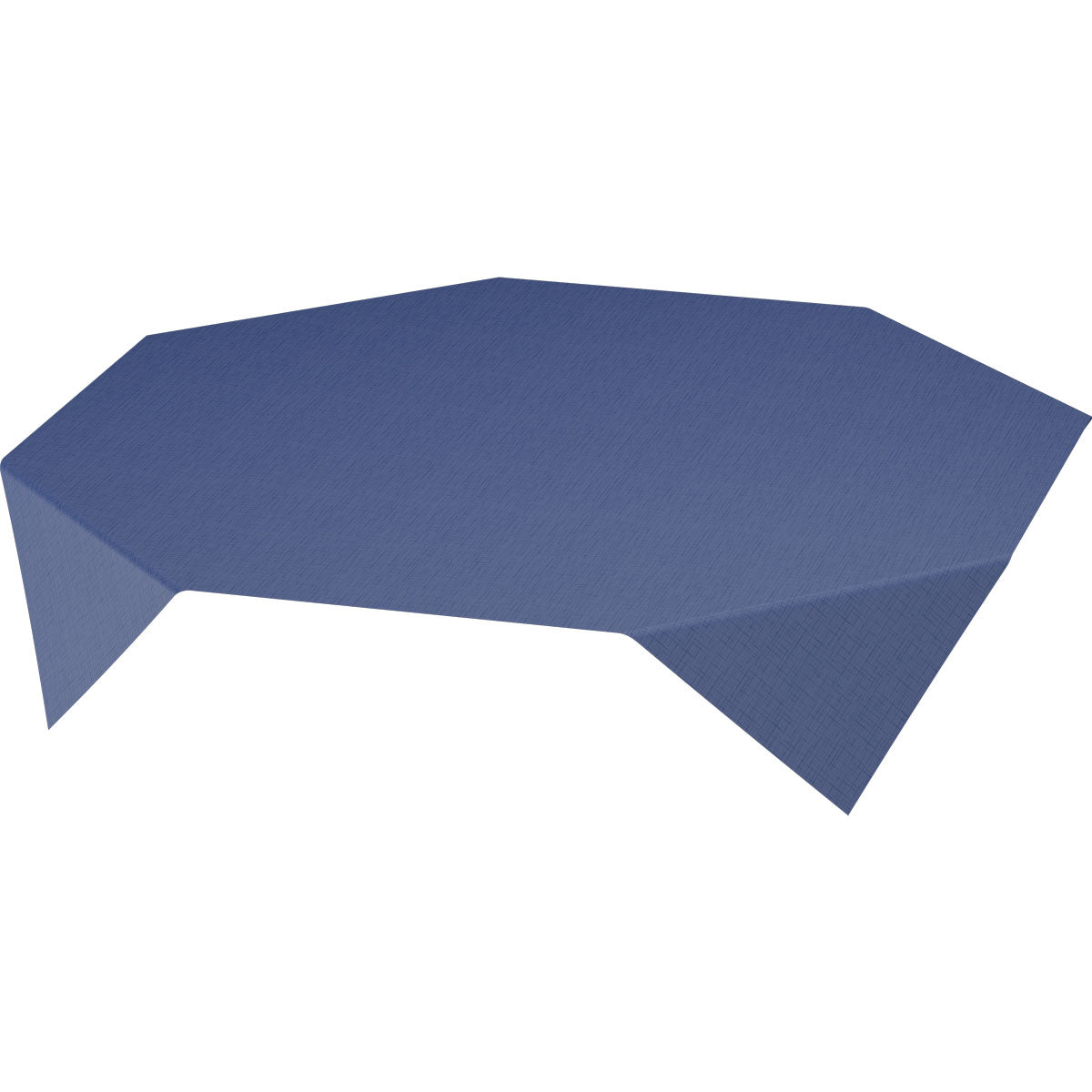 Ein blauer, geometrischer Tisch mit einer eingepassten Dunisilk MD Tischdecke 84x84 cm in Dunkelblau aus der Linnea Kollektion von Duni GmbH (Packung: 20 Stück), mit vielen geraden Kanten und scharfen Winkeln für einen markanten Look.