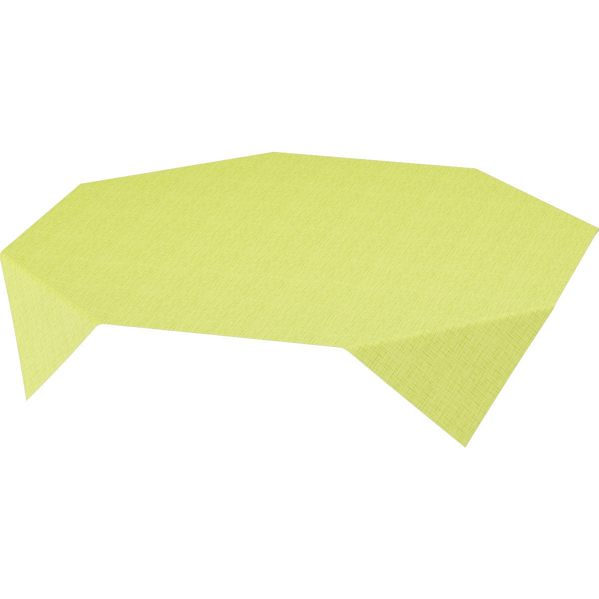 Une nappe Dunisilk MD de couleur jaune clair 84x84 cm Linnea kiwi de Duni GmbH confère à votre décoration de table un style élégant, drapée sur une table polygonale devant un fond blanc. Tissu de haute qualité, disponible en paquet de 100 pièces.