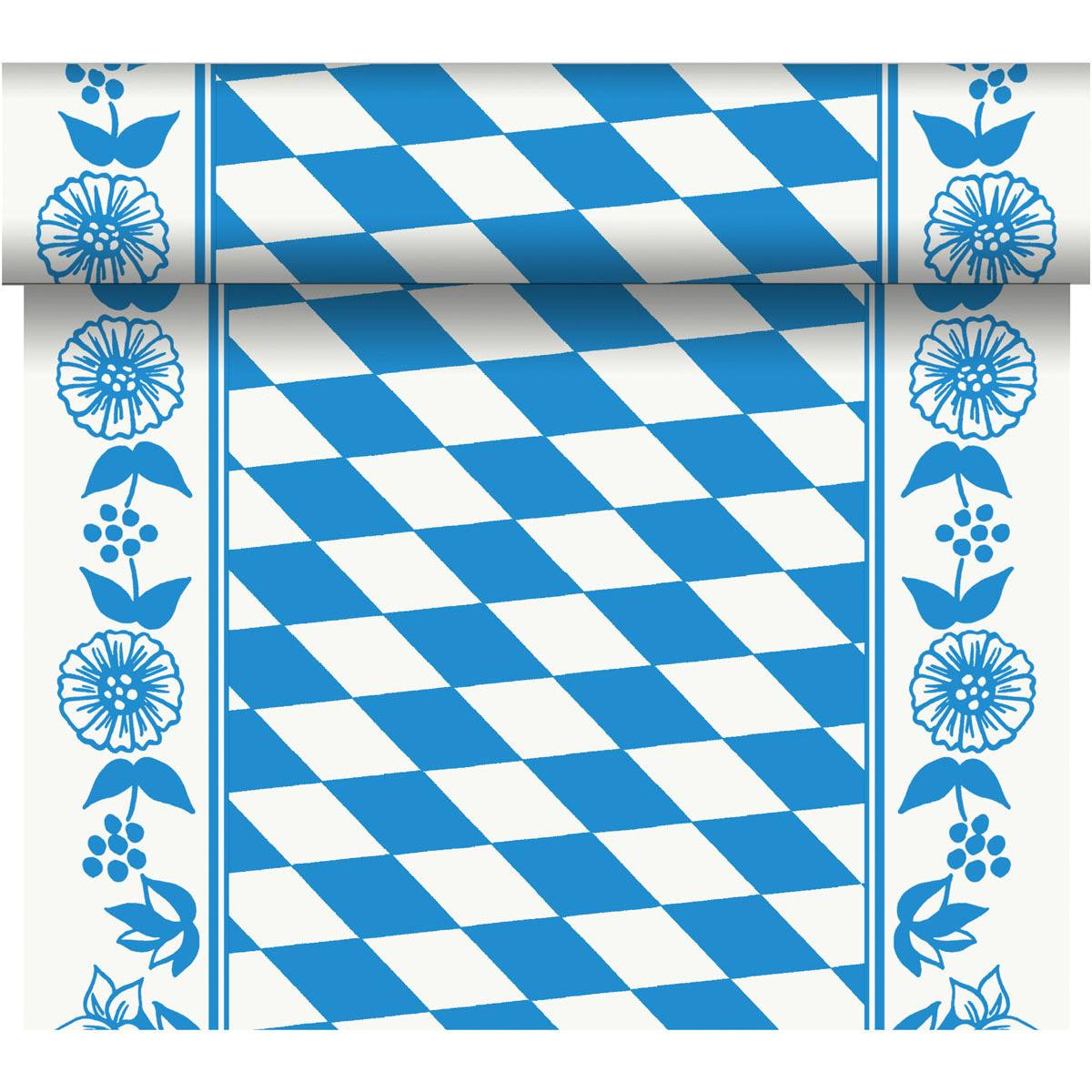 Der Dunicel-Tischläufer Tête-à-Tête (24 m x 0,4 m, 20 Abschnitte) der Duni GmbH zeigt ein blau-weißes Rautenmuster mit floralen Bordüren und einem Rollrand für eine elegante Tischdekoration.