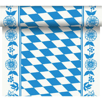 Le chemin de table Dunicel « Tête-à-Tête » (24 m x 0,4 m, 20 pans) de la société Duni GmbH présente un motif à losanges bleus et blancs, agrémenté de bordures florales et d'un bord roulé, pour une décoration de table élégante.