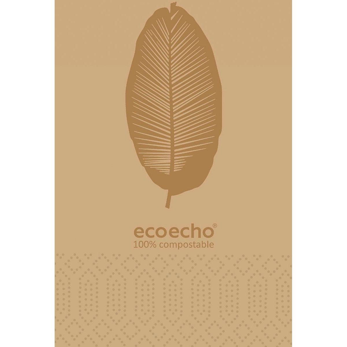 Ein stilisiertes braunes Blatt über "ecoecho 100% kompostierbar" auf hellbraunem, dezent gepunktetem Hintergrund hebt die Duni GmbH Zelltuchservietten 40x40 cm 3-lagig 1/8 Kopffalz Organic (Packung mit 250 Stück) hervor.