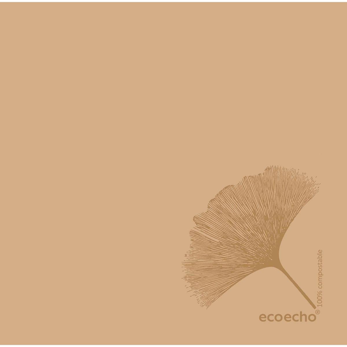 Une image minimaliste avec une feuille de ginkgo en une ligne en bas à droite, marquée "ecoecho", sur un fond brun clair - idéal pour les serviettes Dunisoft 40 x 40 cm 1/4 pli de Duni GmbH ou d'autres serviettes de haute qualité.