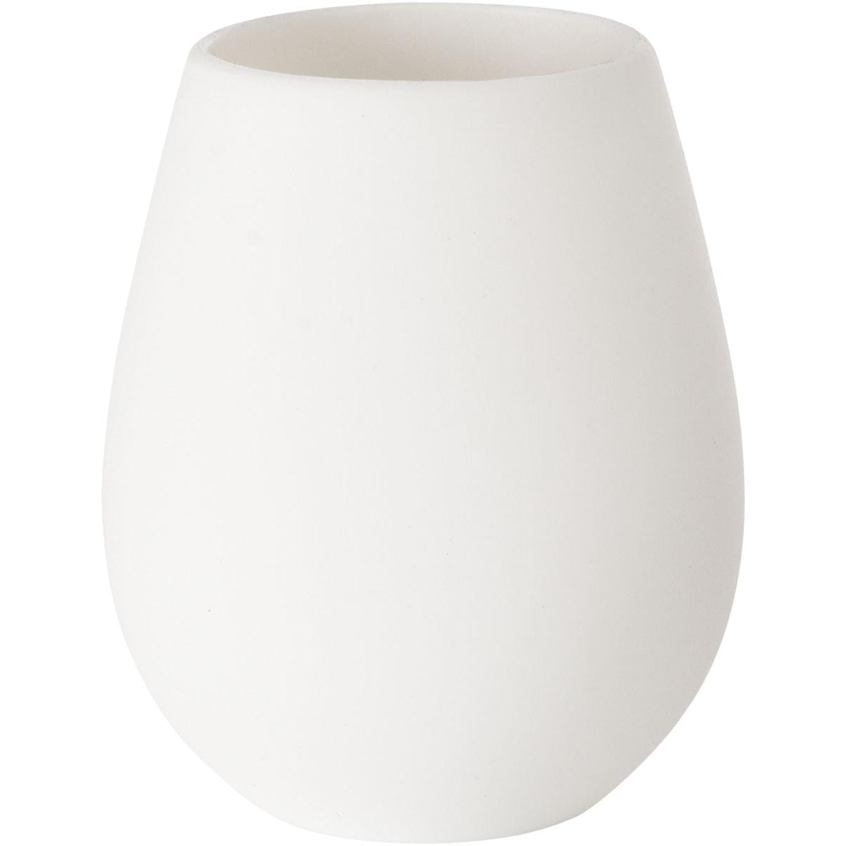 Ein weißer LED-Kerzenhalter aus Silikon von Duni GmbH mit tropischem Design und matter Oberfläche, mit einer abgerundeten, leicht konischen Form und einer weiten Öffnung, dargestellt vor einem weißen Hintergrund. Packung: 1 Behälter.