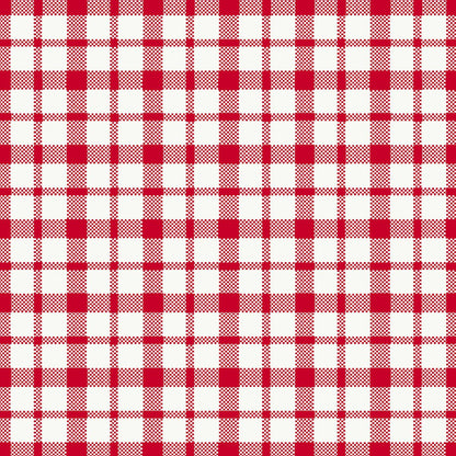 Un motif à carreaux rouge et blanc avec des lignes uniformes formant des carrés et des rectangles sur ces serviettes Dunisoft 40 x 40 cm 1/4 pli de haute qualité de Duni GmbH.