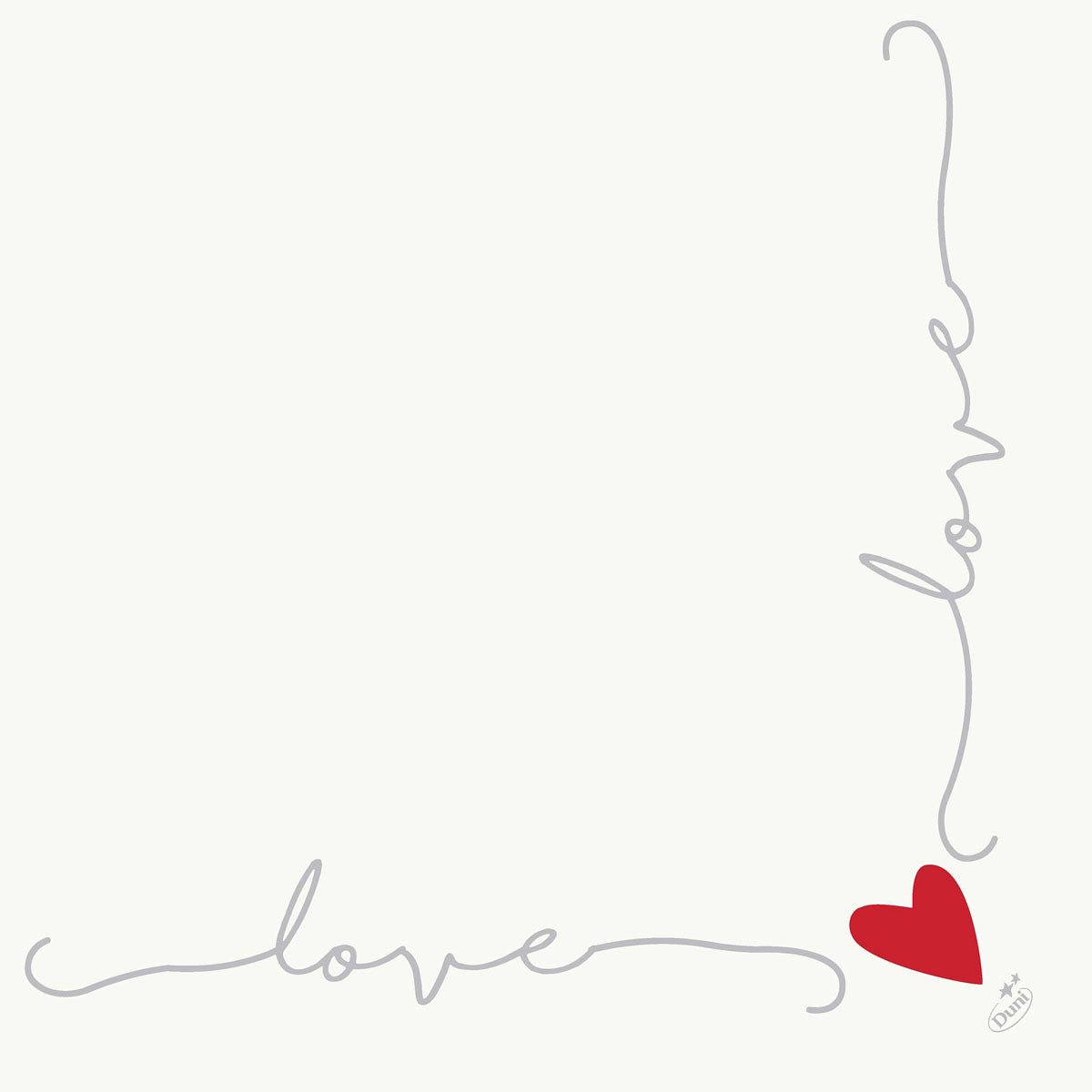 Les serviettes Dunisoft 40 x 40 cm 1/4 pli de Duni GmbH se distinguent par un design minimaliste : "love" en écriture grise forme deux côtés d'un carré avec un cœur rouge dans le coin sur un simple fond blanc.