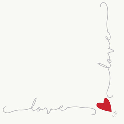 Les serviettes Dunisoft 40 x 40 cm 1/4 pli de Duni GmbH se distinguent par un design minimaliste : "love" en écriture grise forme deux côtés d'un carré avec un cœur rouge dans le coin sur un simple fond blanc.