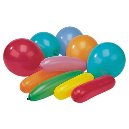 Ein Set von PAPSTAR Luftballons farbig sortiert, verschiedene Formen (Beutel mit 10 Stück) von PAPSTAR GmbH als bunte Party Deko auf weißem Hintergrund arrangiert.