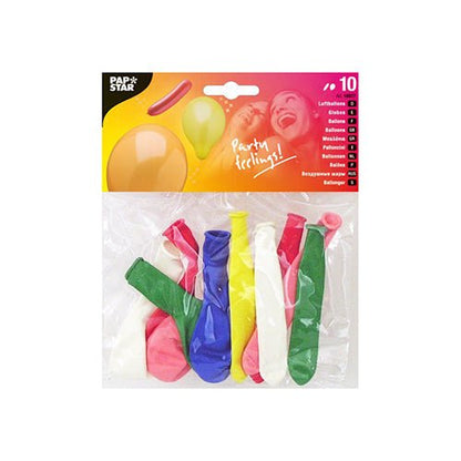 Gezeigt wird ein 10er-Pack PAPSTAR Luftballons farbig sortiert, verschiedene Formen von PAPSTAR GmbH. Der Beutel zeigt bunte Luftballons und eine lächelnde Person, ideal für Party Deko.