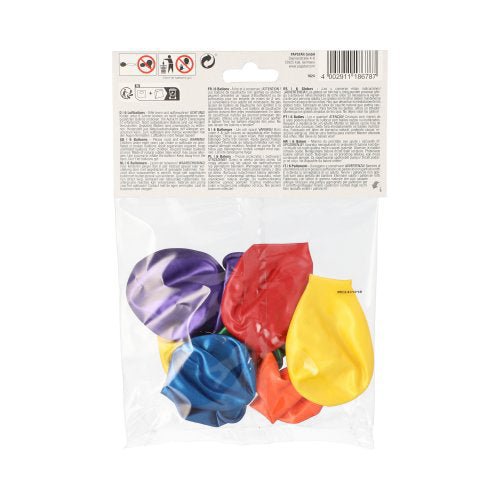 Ein durchsichtiger Kunststoffbeutel der PAPSTAR GmbH enthält sechs sortierte PAPSTAR Luftballons (Ø 25 cm) im Metallic-Design in verschiedenen Farben, mit Sicherheitshinweisen und Produktangaben - ideal für jede Feier!.