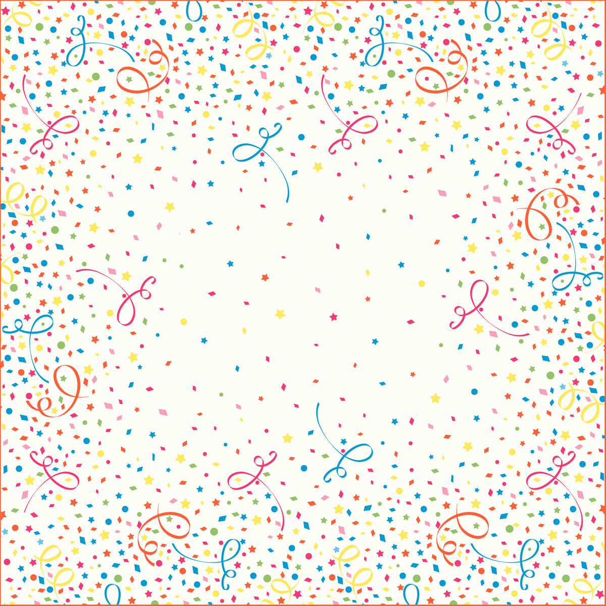 Un fond blanc et carré avec une bordure de confettis bleus, rouges, jaunes et verts orne l'article festif de liquidation : nappes intermédiaires Dunisilk 84 x 84 cm Confetti de Duni GmbH - parfait pour la décoration de table. Paquet (20 pièces).